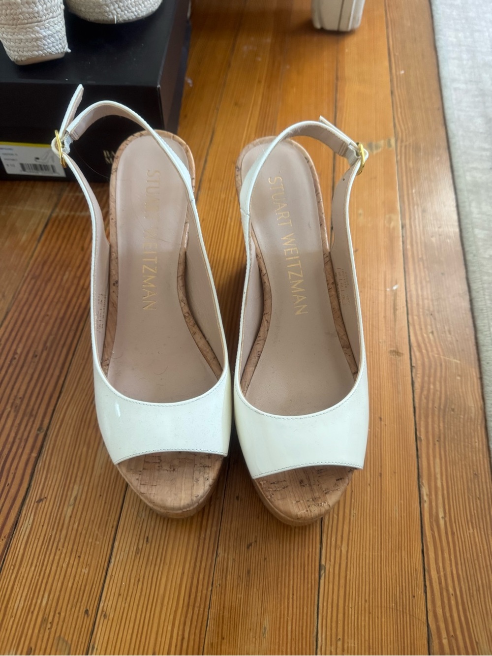 Stuart Weitzman White Patent Cork Wedge Slingbacks